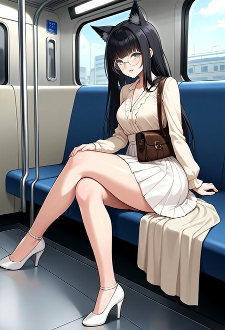 slim woman, big hips, big tits, black hair, long hair, straight bangs, hime princess hair, big boobs, white light in the hair, black fox ears, round glasses, brown eyes, big thighs, beige blouse, long white skirt, white heels, sitting, in a subway, side right view, close up, brown leather female bag