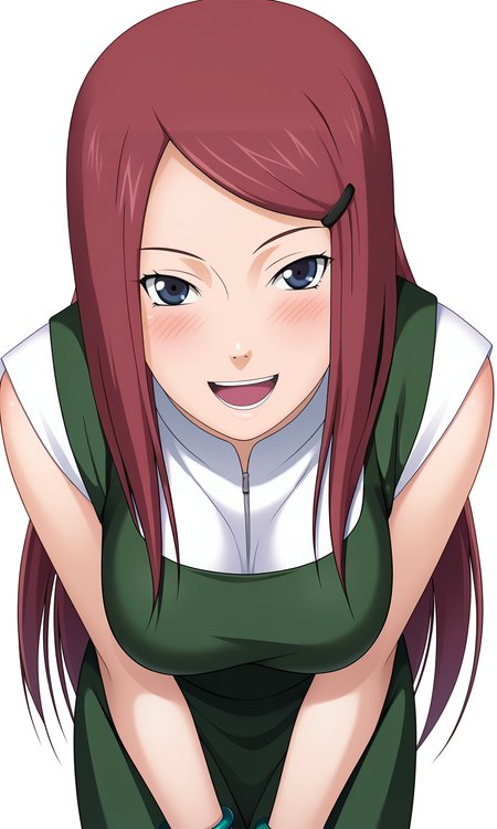 game cg, 
breasts, 
from above, pov, bent over, 
kushinauzumaki, 1girl, solo, looking at viewer, long hair, hairclip,bracelet,
green apron, white shirt, collar, 
cowboy shot, 
standing,
smile, blush, open mouth,
white background, simple background, 
<lora:Naruto_KushinaUzumaki_v2_PXL-000018:1>