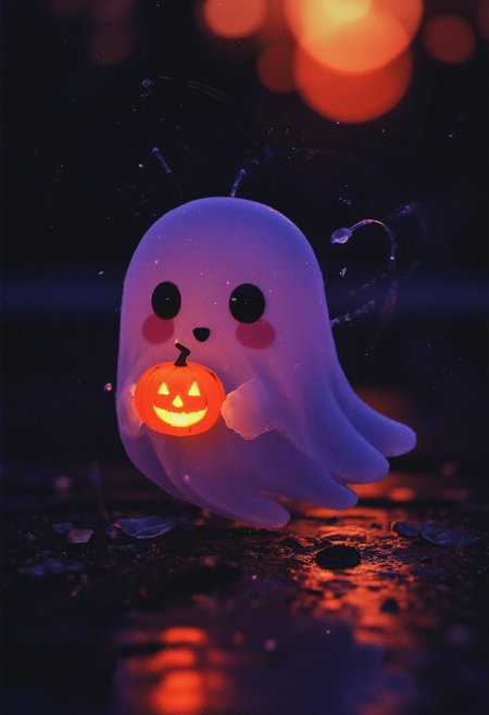 A dark, ethereal lich spirit floats in a haunting void, its form barely visible, flickering with deep violet and midnight blue hues. Its ghostly figure, shadowy and graceful, exudes an eerie, ancient energy. Wisps of darkness swirl around the spirit, shimmering with faint traces of arcane magic. Its texture appears almost spectral, with tendrils of black mist spiraling from its form. The surrounding space feels ominous and otherworldly, as if this spirit has long transcended life. Its hollow gaze pierces through the darkness, cold and distant, exuding a powerful, foreboding presence that sends shivers down the spine. The scene is filled with a sense of mystery and dread, as if this otherworldly being holds secrets from beyond the grave, an embodiment of ancient sorcery and untold power. Extreme Closeup of An adorable, translucent ghost floats gently above a serene lake, its form glowing with a soft, otherworldly light. The ghost’s ethereal figure is whimsical, with large, expressive eyes and a derpy broken smile, as it glances toward the camera in amusement. Holding its translucent brightly colored faintly glowing legendary Pumpkin lantern, adding a playful touch to its spectral appearance. The scene is enchanting, bathed in warm, moonlit hues, with the water below reflecting the shimmering glow of the ghost. Swirls of cosmic mist dance faintly around, adding a subtle sense of magic to the atmosphere, without disrupting the lighthearted mood.