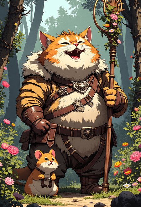 Image is a digital fantasy artwork featuring a cute fat cat with a striking appearance. He's wearing light leather armor with many straps around the collar with matching fur long gloves and boots. He standing in the middle of a the forest next to his friend mouse. In his hand is a wooden staff full of nature. His expression is happy and laughing. The background is of a bright forest, thorn walls, colorful flowers, nature.