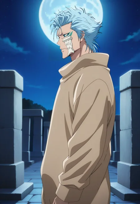 masterpiece, best quality, , anime screencap, , official style, , , 1boy, solo, male focus, <lora:grimmjow_jaegerjaquez_ilxl:0.92>, grimmjow_jaegerjaquez, blue hair, blue eyes, facial mark, arrancar, mask, short hair, from side, stonehenge, night, full moon, standing, wavy mouth, closed mouth, camel costume