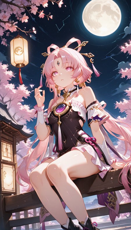 <lora:LCMTurboMix_Euler_A_fix:1> <lora:example_SDXL:0.3>, <lora:Dramatic Lighting Slider:3>
DSLR,realistic,cosplay photo, (very awa,masterpiece,best quality,year 2024,newest,absurdres,highres:1), realistic,skin texture,facial features, photography shot with Canon EOS 5D Mark IV , realistic, RAW, best quality, masterpiece, amazing quality, skin details,
1girl, highly detailed beautiful face, large natural breasts,
detailed background, shiny skin, dutch angle, night, moonlight,
beautiful detailed eyes, intricate details, absurdres, anime screencap,
 <lora:FuXuan_HonkaiStarRail_ILXL_kill0825:1>
HFuXuan, jewelry, bare shoulders, very long hair, twintails, pink hair, earrings, small breasts, pink eyes, parted bangs, low twintails, pink nails, hair rings, hair stick, forehead jewel, tassel earrings, bow-shaped hair, tassel hair ornament, two-tone eyes,
sitting, outdoors, sky, hand up, cloud, black footwear, feet out of frame, night, looking up, tassel, star (sky), cherry blossoms, night sky, pink flower, full moon, lantern, branch, constellation,on railing