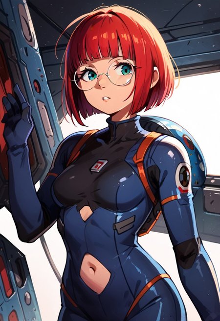 score_9, score_8_up, score_7_up, solo, 1girl,
round eyewear, glasses, parted lips, hip vent, navel_cutout, nylon, bodysuit, spacesuit, raygun, blunt bangs, bob cut,