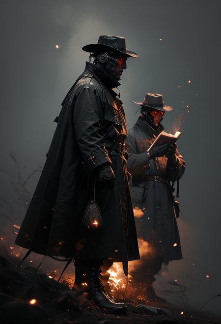 (score_9, score_8_up), score_7_up, 2boys, Highly detailed RAW color Photo, side view, cowboy shot, 1male, hat, holding, full body, black silhouette, glowing red eyes, boots, multiple boys, belt, holding bible, coat, standing, photoshoot theme, glowing, cross, black coat, black masks, black gloves, simple background, grey background, gritty, gorgeous details, depth perception, backlighting, photorealistic, robot, breathtaking scenery,
dark lighting, dof, depth of field, realistic, dark background, CINE, embers,
<lora:unholy-000009:0.8> <lora:CINE-000008:0.4><lora:- SDXL - vanta-black_contrast_V3.0:0.7>
<lora:sinfully_stylish_SDKL:0.5>  <lora:GwentStyle_v2:0.4>