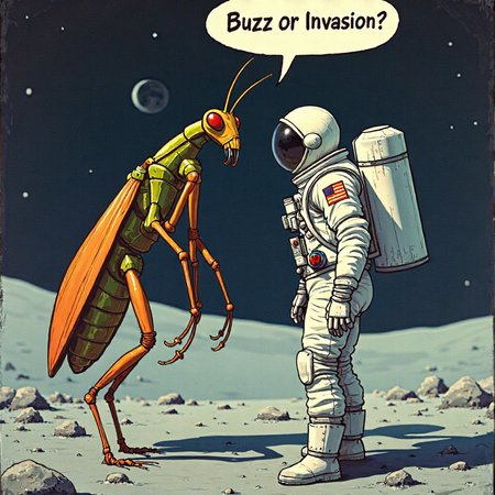 astronaut faces a giant mantis. The mantis says "buzz or invasion" in a comicbaloon. moon surface