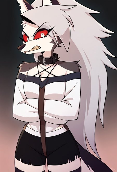 score_9, score_8_up, BREAK, source_anime, (1girl, solo), uncensored, perfect body, slim, thigh highs,
anthro, furry, ((angry, muzzled, black muzzle, shackles,, chain, chained, collar, metal collar, wearing straitjacket ,crossed arms, crotch strap,arms crossed, ((brown straps:1.6)), no visible hands,  padded cell,  shorts,),
Loona \(Helluva Boss\), <lora:LoonaXL:1>