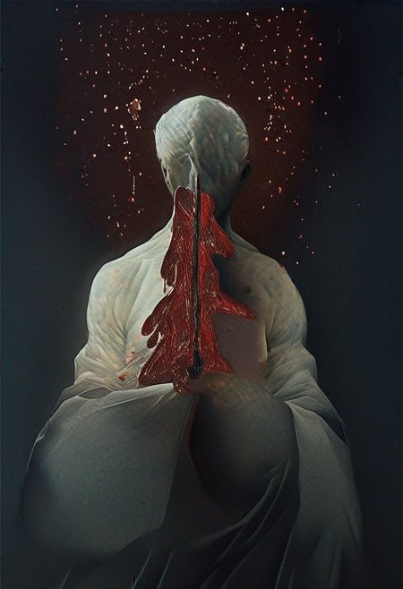 painting of an older man and his adult male lover, spark ignites, tortured souls, peacefulness, revelation, surreal dark smeared background, black and gold mutations tears in fabric , separation of colors, in the style of nicola samori <lora:DarkAnime1:1> <lora:HorrorArt(1):1.2>, glow effects, godrays, Hand drawn, render, 8k, octane render, cinema 4d, blender, dark, atmospheric 4k ultra detailed, cinematic sensual, Sharp focus, humorous illustration, big depth of field, Masterpiece, colors, 3d octane render, 4k, concept art, trending on artstation, hyperrealistic, Vivid colors, extremely detailed CG unity 8k wallpaper, trending on ArtStation, trending on CGSociety, Intricate, High Detail, dramatic, absurdes, a realistic baroque bedroom, white canopy over bed, white drapes, damask patterns, intricate details,    in the style of Vittorio Matteo Corcos