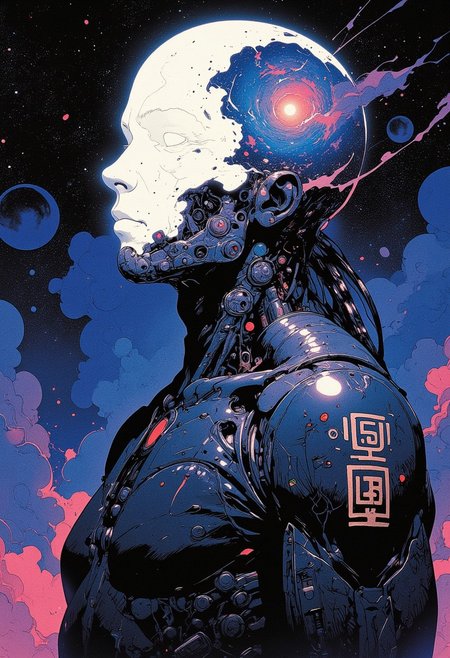 Cosmic, ethereal portrait of a figure.  Translucent head, revealing swirling nebulae and galaxies.  Dark, sleek suit, suggesting advanced technology.  Abstract, detailed textures on suit, showing intricate patterns.  Face is a void, replaced by a mesmerizing representation of space, with stars, and nebulae.  Deep space, cosmic background with nebulae and stardust.  Dramatic lighting highlights the head, showcasing its crystalline structure.  Mysterious, contemplative mood.  Sci-fi, surreal style.  High contrast, strong shadows.  Perspective is from slightly below, focusing on the subject.  Digitally painted, photorealistic style.  Ancient, Eastern-inspired symbols on the suit.  Cosmic, otherworldly, and dreamlike atmosphere.