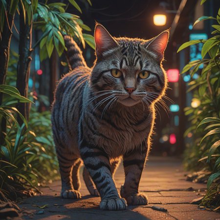 Feline ("I'm bringing sexy back, yeah.":1.2) , trees, shallow depth of field, (stylized by Takasaki Masaharu:0.8) , (Hiroyuki-Mitsume Takahashi:0.8) , Lonely, Neon Light, Depth of field 270mm, vivid ,8k, masterpiece, best quality, hyperrealistic, superrealistic, photorealistic, ultra sharp, 16 bit colors, highres,
