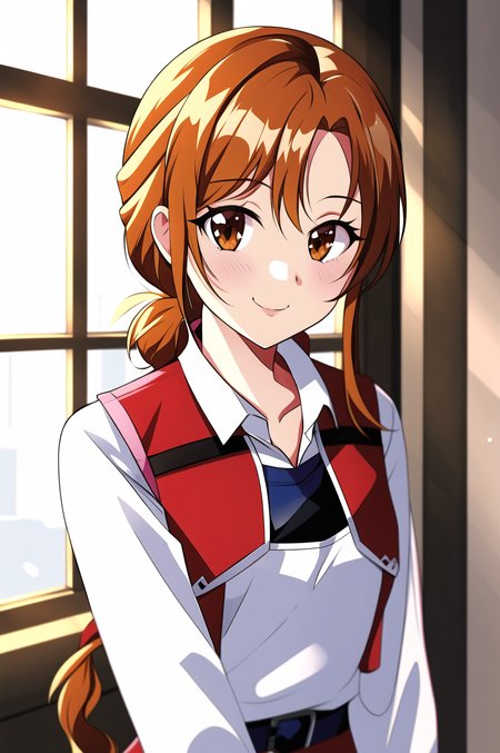 1990s \(style\), asuna \(sao\), retro style,

1girl, armor, asymmetrical bangs, bangs, blurry, blurry background, braid, breastplate, brown eyes, orange hair, closed mouth, collarbone, collared vest, high collar, indoors, long sleeves, looking at viewer, red vest, shirt, short ponytail, sidelocks, smile, solo, upper body, vest, white shirt, window
<lora:1990s:0.55>   <lora:asuna:0.5>