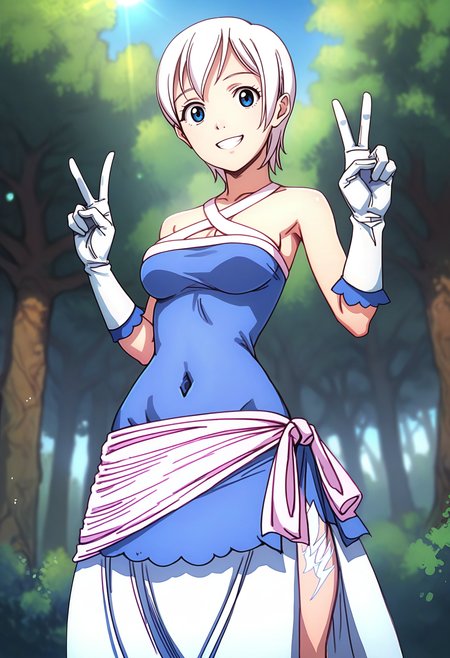 score_9, score_8_up, score_7_up, score_6_up, <lora:xFTLIS:0.9>, xFTLIS, white hair, short hair, hair between eyes, blue eyes, large breasts,
white gloves, elbow gloves, white criss-cross halter, blue short dress, white skirt, pink waistband, side slit, covered navel, blue sandals, thigh tattoo, 
standing, looking at viewer, smile, portrait, v-sign,
BREAK, blue sky, forest, sunlight, day,