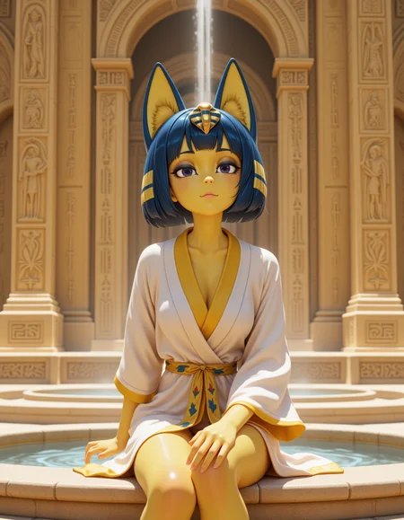 3d CGI Style in a wide shot. Looking at viewer, outdoors in daylight, explicit
She is a 25 year old mature woman, and adult, Inquisitive with tilted head, raised eyebrow, and a thoughtful expression. 
<lora:Animal_Crossing_-_Ankah_V2_000030:1> she is an  egyptian woman with yellow skin, with cat ears. Blue hair in a bob cut with blunt bangs, she is a furry female with a cat tail. Wearing a
Cotton wrap kimono robe, with wide sleeves, contrast lining, and embroidered cranes along the hem
A woman sits at the base of a large stone fountain, dipping her fingers into the cool water as she gazes at the intricate carvings surrounding her.
