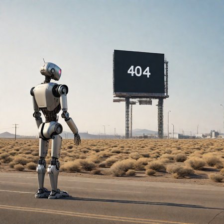 Depict a desolate cityscape with remnants of advanced technology, where a lone robot stands before a flickering, oversized digital billboard displaying "404"++ symbolizing lost connection. 