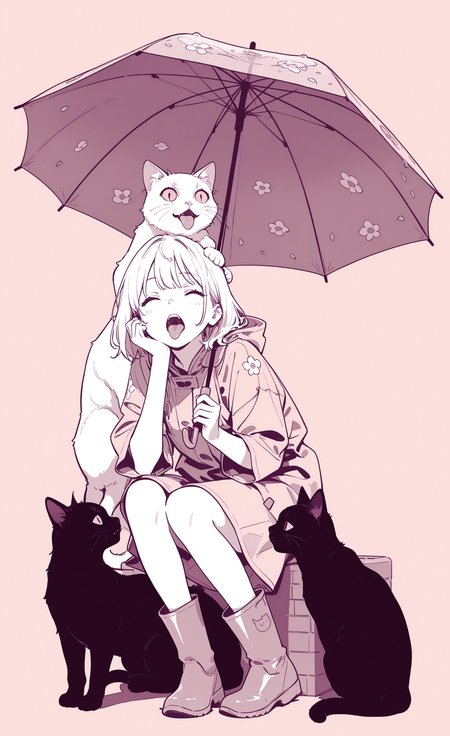 masterpiece, best quality, good quality, very awa, very aesthetic, absurdres, newest, 1girl, animal, boots, cat, closed eyes, floral print, head rest, holding, holding umbrella, minimalism, monochrome, on umbrella, open mouth, oversized animal, rubber boots, simple background, teeth, tongue, tongue out, umbrella, unhappy, wide-eyed <lora:ponyv6Noobe112Adamw.9Eti:0.8> <lora:MeMaXL4:0.3> <lora:Lofi_style:0.7>