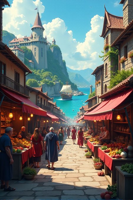 "Visualize a bustling marketplace in the vibrant fantasy city of Porthaven, a sprawling port built on a series of interconnected islands. The marketplace is a riot of color and activity, filled with stalls selling exotic goods from all corners of the world â shimmering silks, enchanted weapons, strange potions in glowing vials, and fantastical fruits and vegetables. Diverse races mingle in the crowd â humans, elves, dwarves, tieflings, and more â all in colorful and varied attire. Ships with ornate sails bob in the harbor, and the air is filled with the sounds of bartering, laughter, and exotic music. Focus on the energy and diversity of the marketplace, the intricate details of the stalls and goods, and the vibrant atmosphere of the city. Render in a detailed fantasy art style with rich colors and textures. Use warm, sunny lighting to highlight the bustling activity and the colorful merchandise. 8k resolution, wide-angle perspective, intricate details in clothing, architecture, and market goods, emphasizing the lively and diverse nature of the city."âââ