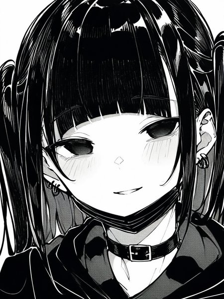 score_9, score_8_up, score_7_up,  
1girl,  monochrome,
black hair, blunt bangs, long hair, two side up, black eyes,
empty eyes, black mask, mask pull, earrings,
smile, parted lips, mouth, looking at viewer, hoodie, face, close-up, narrowed eyes, choker,