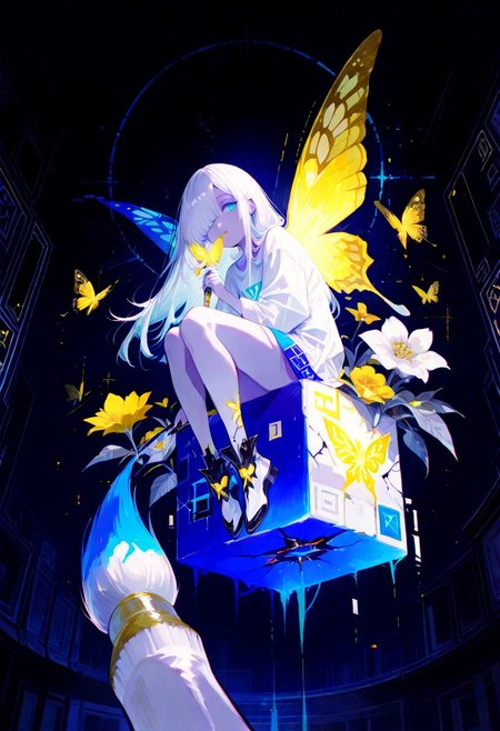 masterpiece, best quality, amazing quality, very aesthetic, absurdres, newest, volumetric lighting, holographic colors, cute, gradient colors, dark background, masterpiece, best quality, amazing quality, very aesthetic, absurdres, newest, volumetric lighting,1girl, 
BREAK
 ambient occlusion, raytracing, soft lighting, blum effect, masterpiece, absolutely eye-catching, particles, glow, shining, intricate cinematic background, (beautiful face),  
BREAK
masterpiece, highly detailed,1girl,beautiful eyes, big eyes, detailed eyes, detailed pupils, perfect body, dynamic pose, dynamic shot, 
Leanan Sidhe, minigirl, butterfly wings, paint brush, paint splashes, sitting on giant hand, blue eyes, girl holding giant paint brush,
1girl,from below,geometric,limited color,flat_color,glowing eyes,solo,purple and blue tones,looking at viewer,full body,beautifully detailed background,light particles,{cinematic lighting},cracked screen,transparent color PVC clothing,transparent color vinyl,whole body,ultra-detailed,extremely delicate and beautiful,album cover,album,album description,glitch art,Double exposure,Chromatic Aberration,Light leaks,Noise and grain,Color degradation,Glitch lettering,design,art,abstract art,geometry,clear lines,squares,bright,limited palette,chahua, 1girl, long hair, white shirt, leaf, yellow flower, butterfly, white flower, yellow butterfly, white hair, one eye covered, bangs, holding,pastel color,minute details,colorful,pixel line pixel pattern super pixel,