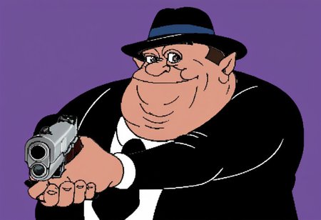 1boy, solo, gangster, (black suit), fedora hat, holding weapon, handgun, holding gun, aiming at viewer, revolver, finger on trigger, morshu, fat, cleft chin, own hands together, smiling, upper body