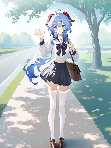1girl,,1girl,ganyu \(genshin impact\),1girl,solo,standing,outdoors,park,road,white serafuku,bowtie,skirt,navel,white thighhighs,brown footwear,shoulder bag,waving,smile,blush,<lora:fanggeCL-000024:1.1>, masterpiece, best quality, very aesthetic, absurdres