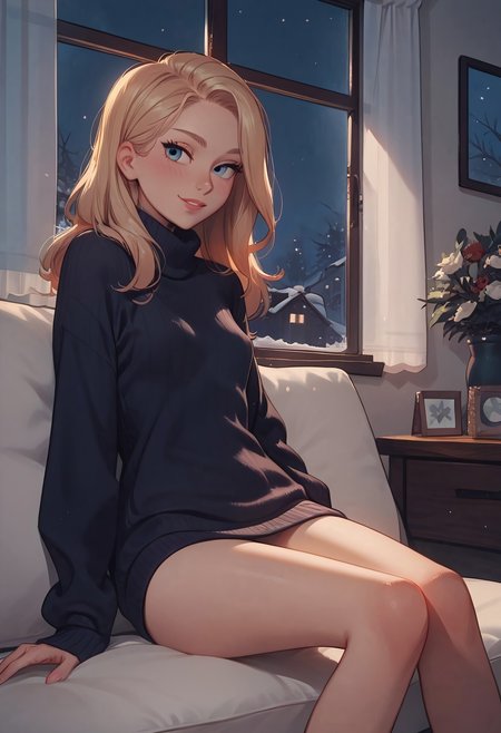score_9, score_8_up, score_7_up, score_6_up, score_5_up, score_4_up, 1girl, 24 year old, solo, small breast, sitting on the chair, naughty smile, long blonde hair, blue eyes, sweater dress, indoors, night, window, winter, high quality