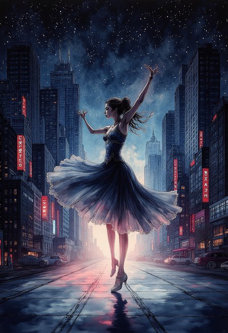 An enchanting minimalistic drawing presents a dancing figure aglow against a simplified backdrop of a futuristic city skyline. The captivating woman in a fluid gown moves gracefully upon tall stilts amidst the silhouettes of sleek skyscrapers, contrasting geometric shapes, and bold splashes of color emanating from neon signs. Long lines depict her flowing garment as it billows in rhythm with each dance step, while her ethereal skin emits a subtle glow against the dark canvas of the cityscape. The playful interplay between shadows cast by her movements and the geometric forms of the architecture creates a dynamic dance between light and form. In this artistic minimalist interpretation, both the citys neon vibrancy and the dancers enchanting performance resonate in harmony, immersing the viewer in a timeless scene of beauty and motion. ,<lora:flux/fav/ZenInkWashSumi-eFlux.safetensors:1.0:1.0>