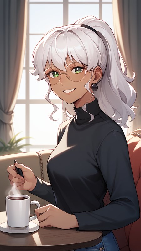 score_9, score_8_up, score_7_up, score_6_up, source_anime, BREAK masterpiece,   <lora:NaomiO:0.8>,  NaomiMR, White hair, ponytail, dark-skinned female, round eyewear, green eyes, black shirt, smile, parted lips, looking at viewer, window, curtains, couch, table, coffee mug, from side, jeans,