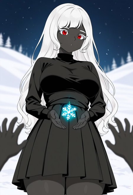 (curly bang above right eye) White hair, (White hair) (white_hair:2) RnZ1 color, RnZ1 lineart, RnZ1 shadows, RnZ1 lighting, Black lineart, RnZ1 eyes, RnZ1 eyelashes, RnZ1 eyebrows, thick thighs, RnZ1, RnZ1 style, RnZ style, Red eyes, (Red eyes), long hair, waist-length hair, white bob haircut curly with bangs, Long hair, (yehda), Yehda, (Iron black skinned femele), Creating several snowflakes in his hands that form a heart,Iron black skinned femele, Long black pleated dress, Long hair, curly hair, Iron black skin female, Iron black skinned femele, (iron black skinned female), (long white bob haircut curly with bangs) iron_black_skinned_female, Dark_skinned_and_white_hair_female, White eyelashes, White eyebrows,, White eyelashes, breasts covered by dress, covered breasts, mature female, lazympos, ambient occlusion, depth of field, pov, lifts, snow,, magic glowing aura, 1girl, best quality, depth of field, Midnight, amazing, slopes, ski resort, blurry background, spring, absurdres, fl4t
