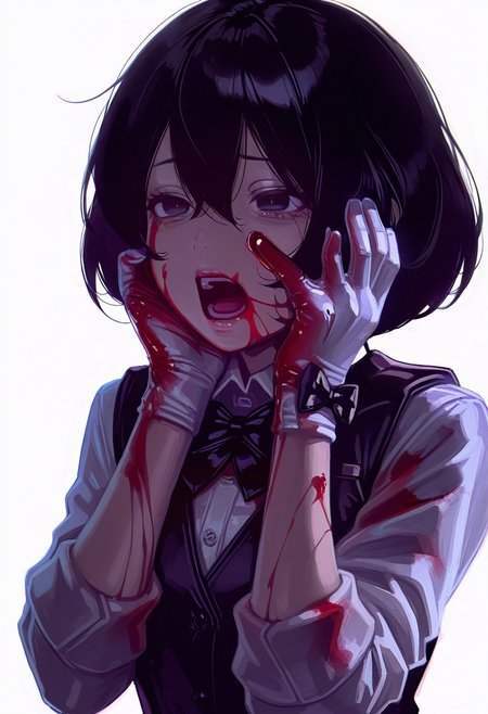 masterpiece, best quality, good quality, newest, very awa, 
1girl, solo, short hair, open mouth, simple background, black hair, gloves, white background, bow, hair between eyes, upper body, white gloves, bowtie, vest, blood, black bow, sleeves rolled up, blood on face, hands on own face, blood on clothes,
