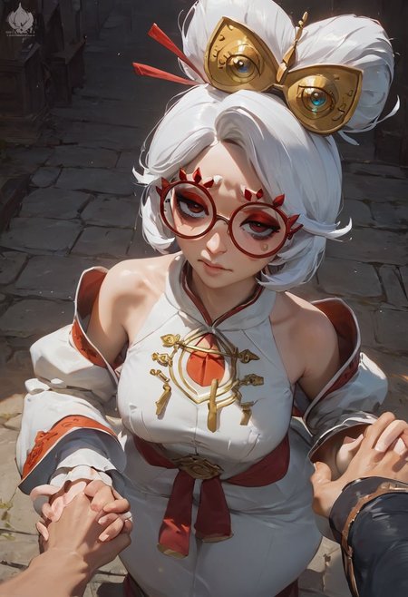score_9, score_8_up, score_7_up, pinup girl pose, Expressive, volumetric lighting, mood lighting, cinematic lighting, dark cinematography, semi realistic, view from front, purah from the legend of zelda, white hair, red round glasses, short, tears, tears running down cheeks, hollow look in eyes, extremely scared expression, eyes wide open, frowning, looking at viewer, huge tits, huge ass, fully-clothed, body tense, standing, holding up hands in defense, shadow of a man cast over her, medieval laboratory
BREAK
dramatic angle, unique perspective, unique angle