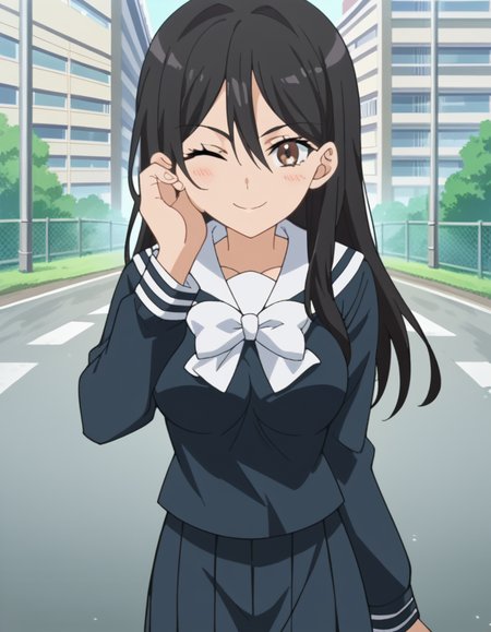 score_9, score_8_up, score_7_up, source_anime, <lora:seiri-fukiyose-indexs2-ponyxl-lora-nochekaiser:1>, seiri fukiyose, long hair, black hair, brown eyes, hair between eyes, anime screencap,, large breasts, skirt, school uniform, serafuku, black shirt, black skirt, long sleeves, white bowtie, white sailor collar, a certain high school uniform, road, cars, asphalt, travel, speed, smile, <lora:guided-hand-on-cheek-ponyxl-lora-nochekaiser:1>, guided hand on cheek, hand grab, hand on another's cheek, hand on another's face, looking at viewer, pov, pov hands, smile, blush, one eye closed, caress, caressing cheek, looking at viewer, solo,, dutch angle, cowboy shot