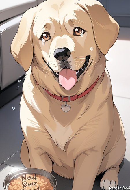 Masterpiece, dog, crying, solo , ((text "need buzz for dog food")), golden Labrador