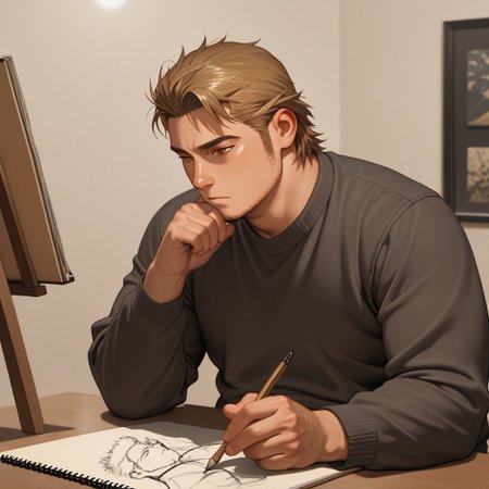 masterpiece, best quality, amazing quality, absurdres, newest, detailed background, definition so sharp, Ultra-HD, 8K cinematic, very awa, impressionate, amazing quality, highres, 
solo, male focus, manly, plump, shadow, shiny skin,
ekusoushizumu, ekusou_brunette, ekusou_orange eyes, 1boy, short hair, sideburns, stubble, artistic, thoughtful, studio, drawing, painting, sketchbook, warm_colors, muted_tones, classical_music, deep_in_thought, pensive, inspiration, creative_space, vintage