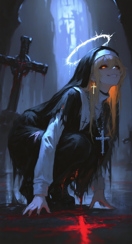 masterpiece, best quality, good quality, very awa, very aesthetic, absurdres, newest,1girl, solo, long_hair, looking_at_viewer, smile, blonde_hair, long_sleeves, red_eyes, dress, hair_between_eyes, jewelry, earrings, boots, teeth, black_footwear, necklace, water, blurry, grin, black_dress, halo, orange_eyes, torn_clothes, blood, depth_of_field, glowing, chain, squatting, light_brown_hair, cross, black_nails, glowing_eyes, nun, habit, cross_necklace, cross_earrings, torn_dress, latin_cross, torn, cracked_floor, coif <lora:ponyv5_noobV065S_1_adamW-000013:0.7> <lora:USNR_STYLE_XL_lokr:0.45> <lora:748cmSDXL:0.4> <lora:shiej007:0.4>