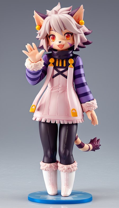 high resolution,  score_9, score_8_up, score_8, elh, figure, 1girl, solo, furry female, cat girl, full body, standing, cute, looking at viewer, contrapposto, one arm up, waving, happy, red eyes, orange eyes, body fur, elhattire, fur-trimmed sleeves, fur trim,  black pants, white boots, cat ears, white hair, short hair, shiny hair, earrings, facial mark, animal nose, striped tail, striped sleeves <lora:Anime_Figure_P1:1> <lora:ElhPDXL:1>
