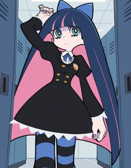 score_9, score_8_up, score_7_up, source_anime, <lora:stocking-anarchy-anime-ponyxl-lora-nochekaiser:1>, stocking anarchy, blue eyes, blue hair, colored inner hair, hair bow, long hair, multicolored hair, pink hair, two-tone hair, bangs, blunt bangs,, striped, striped thighhighs, thighhighs, dress, black dress, puffy sleeves, long sleeves, skirt, shirt, collared shirt, white shirt,, school hallway, lockers, between classes, everyday life, , , arm up, foot crossed over, hand clenched, solo,, cowboy shot, dutch angle