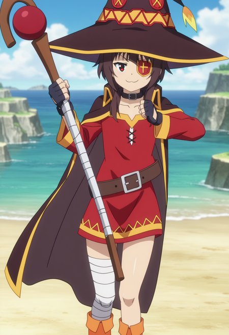score_9, score_8_up, score_7_up, source_anime,
BREAK
1girl, solo, anime screencap, anime coloring, 
<lora:shiMeguminV1:0.8>, 
shimegudef, defaultdress,  short hair, brown hair,  red eyes,
 collarbone,  black gloves, choker, belt, fingerless gloves, cape, collar, witch hat, red dress, eyepatch, holding staff,
bandaged leg, single thighhigh, asymmetrical legwear,
looking at viewer, smug,