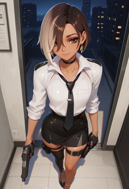 absurdres, masterpiece, best quality, very aesthetic, HDR, 8K, ultra-detailed, 748cmstyle, full body, from above, standing, bank, strongbox,
1girl, solo, Antonia_Fortnite, dark-skinned female, short hair, brown hair, multicolored hair, two-tone hair, asymmetrical hair, hair over one eye, brown eyes, jewelry, earrings, makeup, black necktie, black gloves, black skirt, high heels, black choker, white shirt, thigh strap, thigh holster, thighhighs, holstered weapon, black footwear, skindentation, shiny skin, (skinny), dominant female, smile,