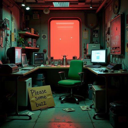 futuristic setting. inside a messy cyber-room is a green empty chair. there a futuristic computers and cables everywhere. a red glow is outside. in the room there is a futuristic messy table. on the floor there is a folding sign out of cardboard. on the sign is written "Please some buzz"