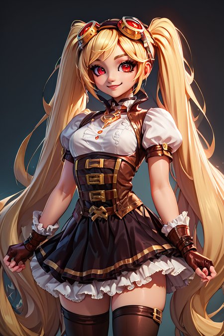 score_9, score_8_up, score_8, medium breasts, (curvy), cute, eyelashes,       BREAK, ,  <lora:Layla_ML_PDXL_v2:0.8>,  zzLayla, solo, 1girl, twintails, blonde, blonde hair, long hair, very long hair, red eyes, goggles, goggles on head, gloves, thighhighs, skirt, short sleeves, fingerless gloves, puffy sleeves, brown gloves, puffy short sleeves,   , BREAK, smile, closed mouth, looking at viewer, cowboy shot, embedding:zPDXL, Expressiveh, <lora:BeautifulCAT_PDXL:1.0>,  <lora:SDXLFaeTastic2400:0.5>,  <lora:Expressive_H-000001:0.4>,