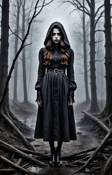 Horror-themed create an award-winning photograph of a young woman exploring an original and unconventional theme that captivates and amazes the viewer.  Push boundaries of traditional concepts,infusing the image with creativity and wonder,leaving a lasting impression on those who behold it.,absurdres,intricately detailed,32K, . Eerie, unsettling, dark, spooky, suspenseful, grim, highly detailed
