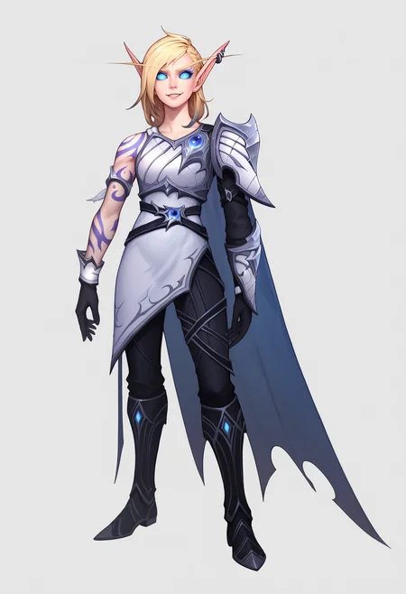 score_9, score_8_up, score_7_up, BREAK,
1girl, alleria, blonde hair, blue eyes, blue sclera, earrings, elf, no pupils, pointy ears,
arm tattoo, armor, asymmetrical clothes, black gloves, black pants, cape, knee boots, single pauldron,
smile, standing, full body, looking at viewer, solo, simple background, white background  <lora:AlleriaXL_byKonan:1>