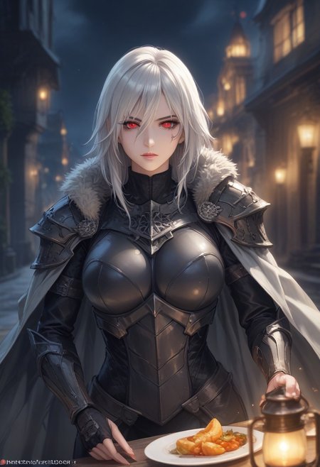 score_9, score_8_up, score_7_up, (Scar) (full armor) (plate armor).
Feminate, female changeling, gray skin, glowing red eyes, focus on eyes, grey makeup, platinum hair, pixie haircut, dark grey hair roots, eyeshadow, 1girl, black leather armor, grey cloak, short bow on back, rogue
fantasy city, fantasy background, stone building, night time, street lanterns, dramatic lighting, blurred background