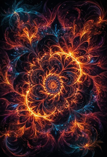 (Galaxy, Space), beautiful colorful fractal, (dark colors) fire mandala pattern, neon glow, lightning, emotionally impactful composition, vivid details, vibrant colors, complex composition, volumetric lighting, exquisite detailed feature