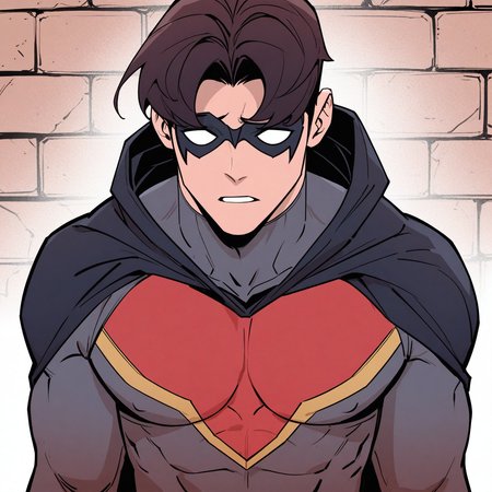 <lora:TIM_DRAKE:1.5>tim_drake, solo, looking at viewer, short hair, black hair, 1boy, upper body, twenty-something, male focus, parted lips, cape, muscular, mask, bodysuit, muscular male, pectorals, black bodysuit, black cape, brick wall, superhero, red bodysuit, covered collarbone, domino mask, eye mask, two-tone bodysuit, red mask, western comics (style), brown hair, hood, grey bodysuit, motion blur, film grain, abstract, natural lighting, fantasy, cinematic, dynamic, very awa, masterpiece, best quality, absurdres, newest, perfect quality, detailed background, intricate details, (artist:fl \(l-fl\):0.7), (artist:tooboshoo:0.7), (artist:dizdoodz:0.8)