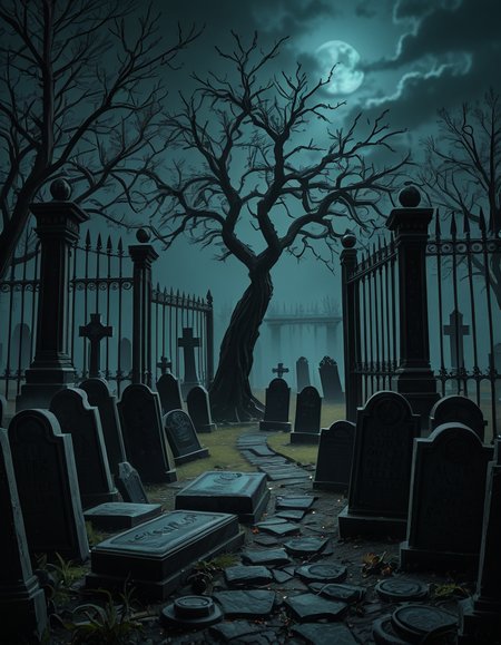 A dark and eerie cemetery shrouded in mist, with ancient, weathered tombstones covered in moss. The scene is dimly lit by a pale, ghostly moonlight filtering through twisted, leafless trees. Cracked stone pathways lead through the graveyard, partially hidden by overgrown grass and creeping ivy. A few old, gothic-style mausoleums stand in the background, their iron gates slightly ajar, adding to the mysterious and haunting atmosphere. Wisps of fog swirl around the gravestones, enhancing the eerie mood. The overall color palette consists of deep blues, grays, and muted greens, creating a cold and unsettling ambiance. The image is highly detailed and photorealistic, capturing the textures of the aged stone, the fogâs movement, and the ominous shadows stretching across the ground. 
<lora:SDXLFaeTastic2400:0.4> <lora:extremely_detailed:0.4> extremely detailed,<lora:33r13_c3m3t3ry-ill:1>,33r13 c3m3t3ry, Masterpiece,best quality,hi res,8k,hi res,8k,award winning,(sharp focus, intricate, highly detailed),