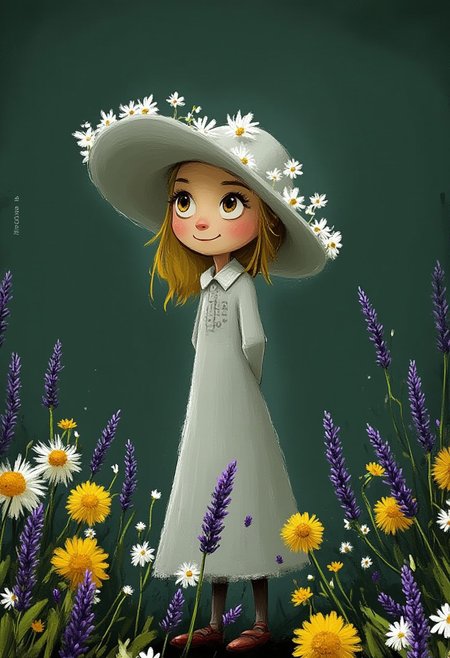 A whimsical illustration of a girl in dark whimsical art style, wearing white daisy-decorated hat and grey dress, standing among wildflowers and lavender, digital painting with gentle brushstrokes, dark green background, characteristic Tim Burton inspired design with large eyes and sweet smile