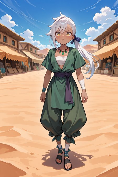 masterpiece, very aesthetic, absurdres, best quality, amazing quality, high resolution, newest, very awa, <lora:illustrious_quality_modifiers_masterpieces_v1:0.8> , <lora:ChamIllustriousBackgroundEnhancer:0.5>,  ((solo)),   <lora:AmareusIL:0.8> , amadef, 1girl, dark skin, yellow eyes, long hair, white hair, side ponytail, necklace, sarashi, green tunic, sash, bandaged arm, bandaged ankle, ankle wrap, black sandals, full body, exterior, desert, village, bazaar, pout, shopping, looking at viewer blue sky, clouds,