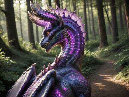 <lora:MH_Alatreon_a1_16_PonyXL:.5>, score_9,score_8_up,score_7_up, nature photography, (Close up, extreme closeup, extreme portrait), cropped photo,
headshot side profile
(alatreon:1.1),feral,(glowing purple:1.4),by smewed,(by claweddrip:0.5),solo,hi res,detailed background,forest, looking back at viewer, facing viewer,extreme detail
,detailed eyes,tail,red sclera,yellow eyes,wings,hands on ground,
sunlight,  hardlight , bloom, translucent, subsurface scattering, sharp hyper detailed, (shiny metallic skin:1.2), (ultra-detailed scales:1.1), glowing, <lora:RM_Enhancer_v1.0_bf16:.1> <lora:p:.2> <lora:Add_More_details_SD3:.5>