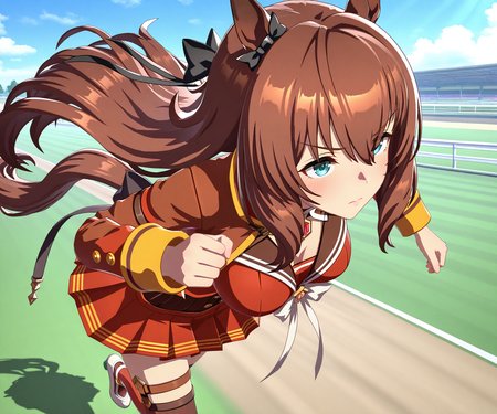 masterpiece, best quality, amazing quality, , 1girl, solo,  umamusume, racetrack, running, serious,  <lora:Maruzensky in game style 3D ILL-v2.1:1> ummsmingame, 3d, maruzensky \(umamusume\),
