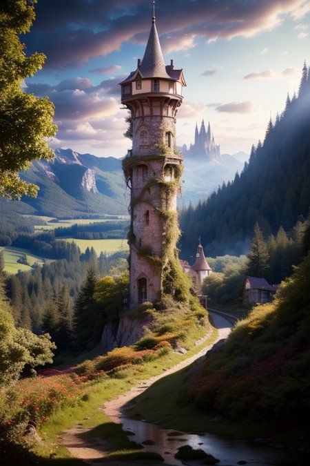realistic analog photo, award winning photo, vary wide shot of magic stone witow tower:1.3, (Military watchtower), scenery,  fantasy, hills, dirt road, nature, outdoors, RAW, highres, 8k, uhd, High Dynamic Range, tonemapping, crisp details,